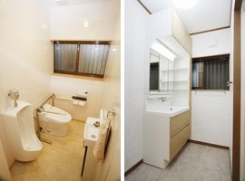 寒かったタイル貼りの在来のトイレも、機器と内装を一新。明るく暖かな空間に。洗面台も収納力のある機器に。オール電化にして、バリアフリーを実現。